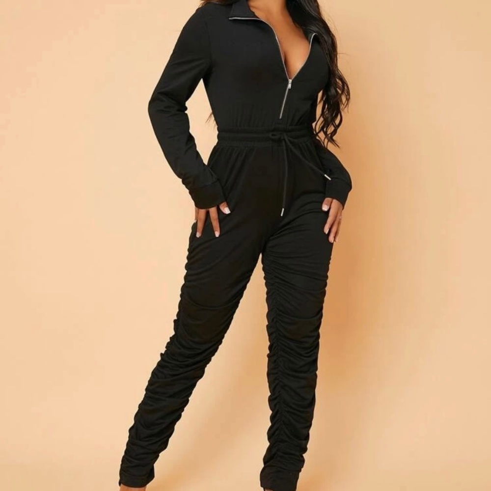 Zipper up Placket Drawstring Waist jumpsuit